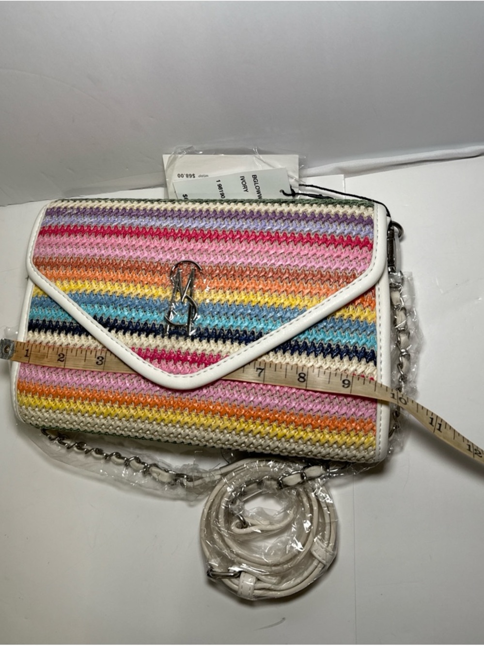 Steve Madden BGL0WN Rainbow Straw Clutch Crossbody Bag Ivory Multi Color New